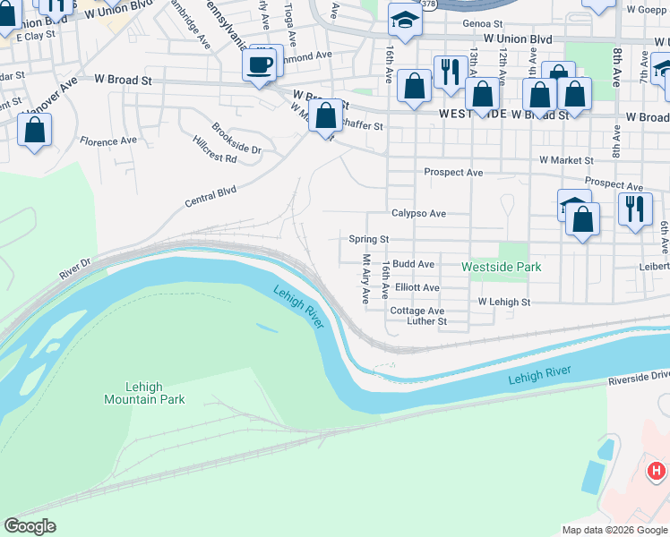 map of restaurants, bars, coffee shops, grocery stores, and more near 1825 Budd Avenue in Bethlehem