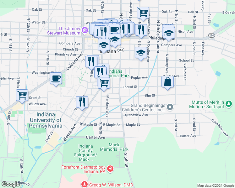 map of restaurants, bars, coffee shops, grocery stores, and more near 425 South 6th Street in Indiana