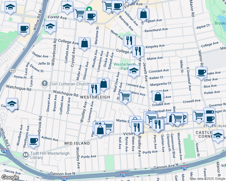 map of restaurants, bars, coffee shops, grocery stores, and more near 274 Neal Dow Avenue in Staten Island