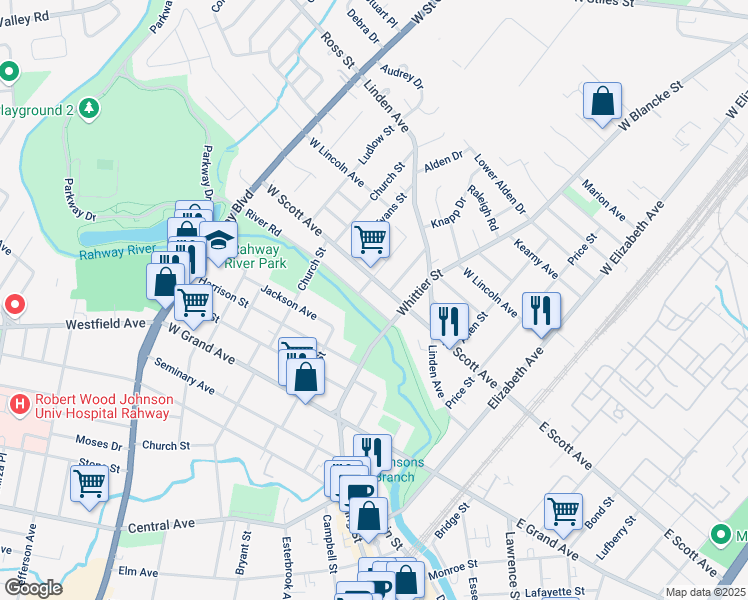 map of restaurants, bars, coffee shops, grocery stores, and more near 451 River Road in Rahway