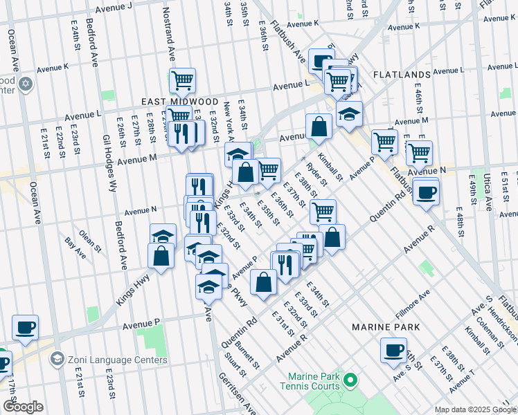 map of restaurants, bars, coffee shops, grocery stores, and more near 1518 East 35th Street in Brooklyn