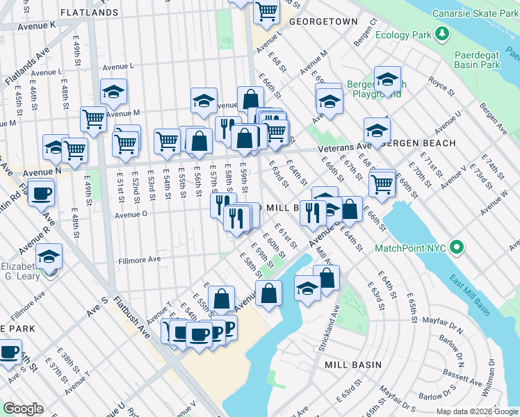 map of restaurants, bars, coffee shops, grocery stores, and more near 2502 Ralph Avenue in Brooklyn