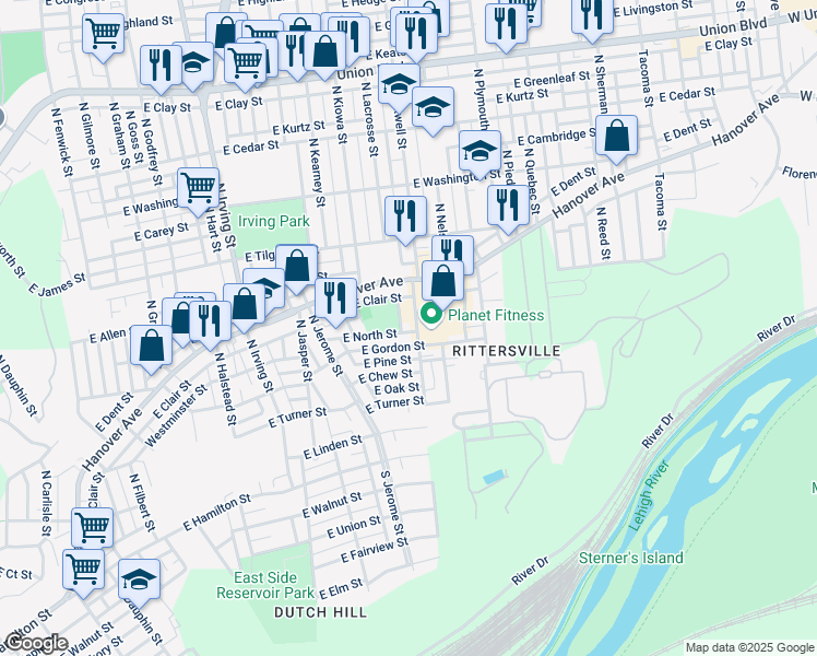 map of restaurants, bars, coffee shops, grocery stores, and more near 414 North Maxwell Street in Allentown