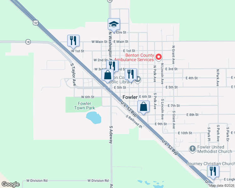 map of restaurants, bars, coffee shops, grocery stores, and more near 112 South Adams Avenue in Fowler