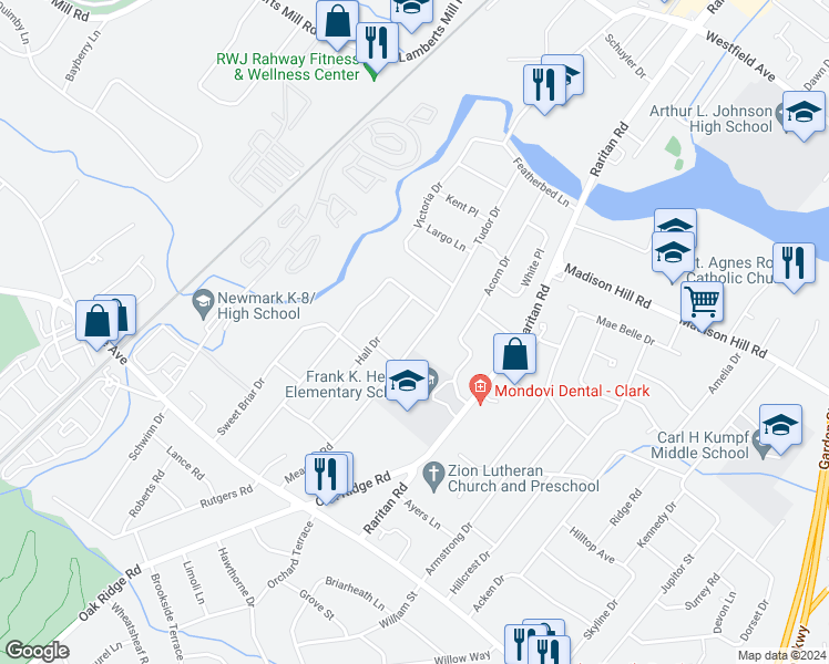 map of restaurants, bars, coffee shops, grocery stores, and more near 160 Meadow Road in Clark