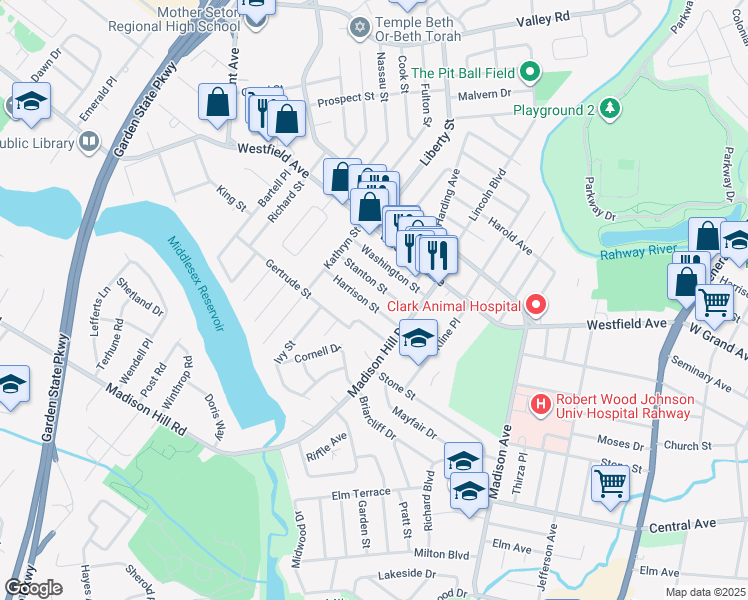 map of restaurants, bars, coffee shops, grocery stores, and more near 32 Harrison Street in Clark