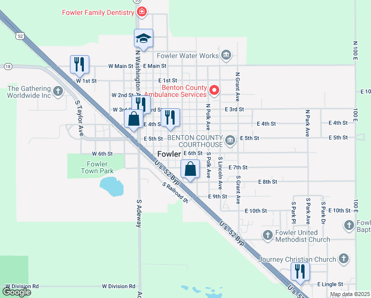 map of restaurants, bars, coffee shops, grocery stores, and more near 107 South Van Buren Avenue in Fowler