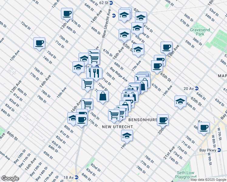 map of restaurants, bars, coffee shops, grocery stores, and more near 7110 17th Avenue in Brooklyn