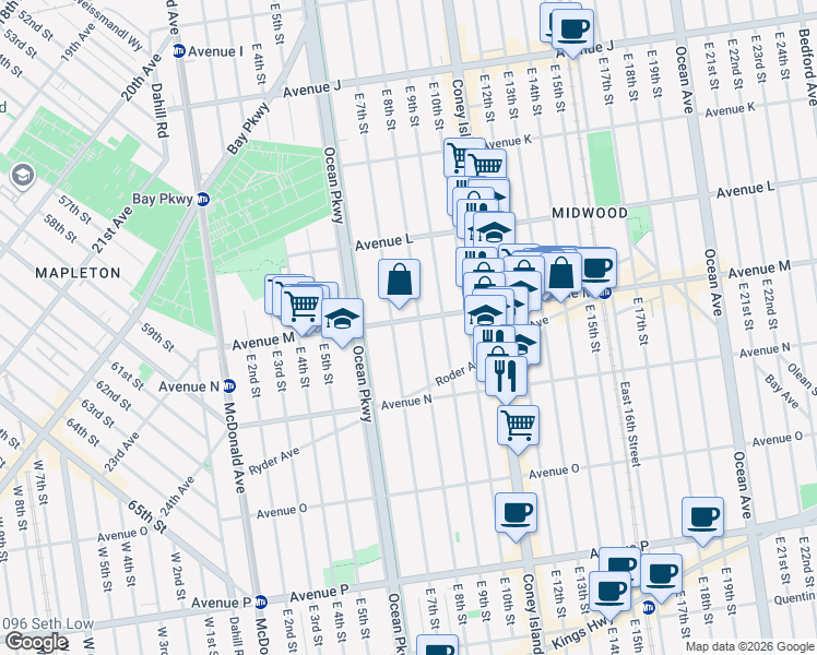 map of restaurants, bars, coffee shops, grocery stores, and more near 1309 East 8th Street in Brooklyn