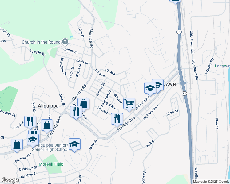 map of restaurants, bars, coffee shops, grocery stores, and more near 181 Monroe Street in Aliquippa
