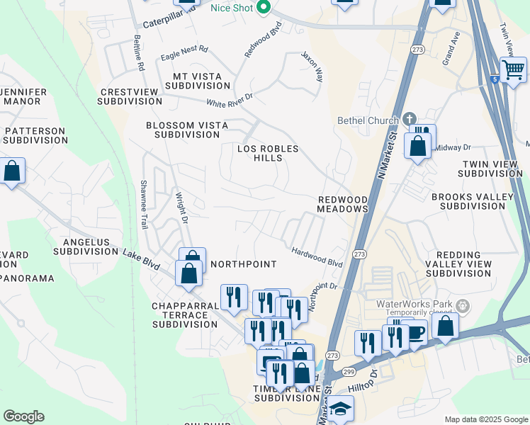 map of restaurants, bars, coffee shops, grocery stores, and more near 494 Logwood Drive in Redding
