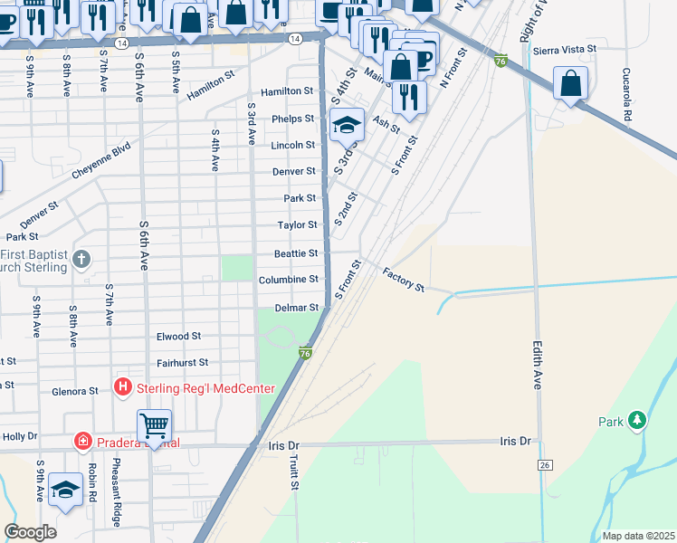 map of restaurants, bars, coffee shops, grocery stores, and more near 915 South Division Avenue in Sterling