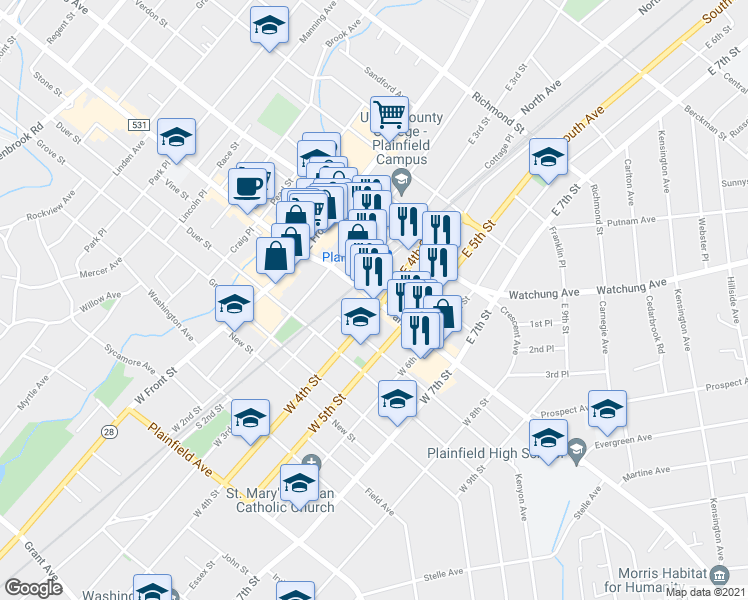 map of restaurants, bars, coffee shops, grocery stores, and more near 320 Park Avenue in Plainfield