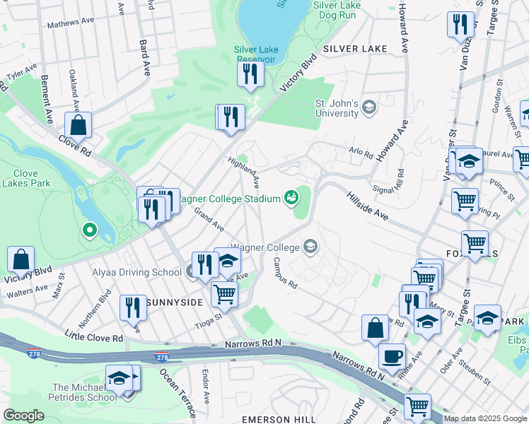 map of restaurants, bars, coffee shops, grocery stores, and more near 131 Highland Avenue in Staten Island