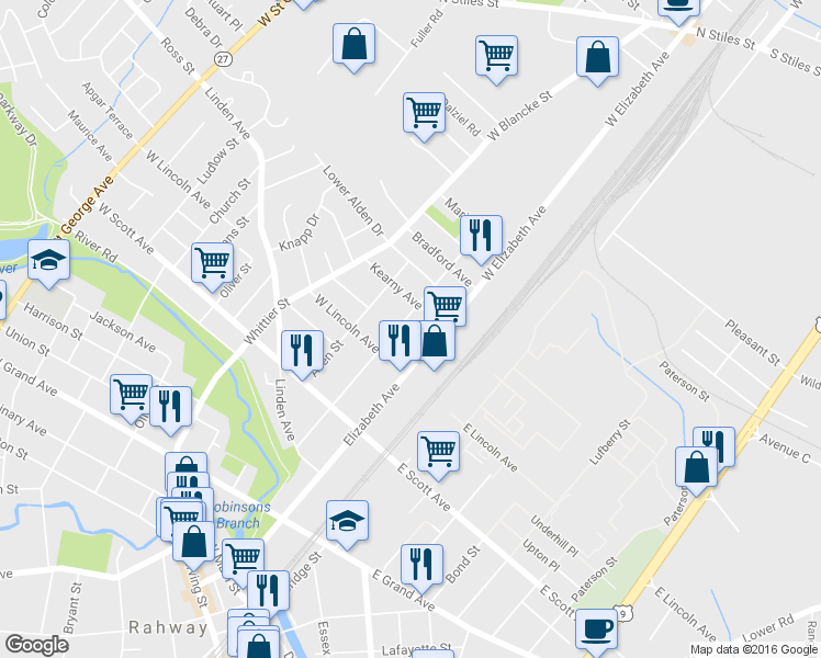 map of restaurants, bars, coffee shops, grocery stores, and more near 2277 Price Street in Rahway