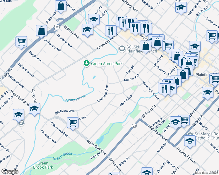map of restaurants, bars, coffee shops, grocery stores, and more near 69 Rockview Avenue in North Plainfield