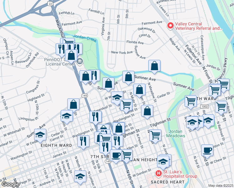 map of restaurants, bars, coffee shops, grocery stores, and more near 933 North 5th Street in Allentown
