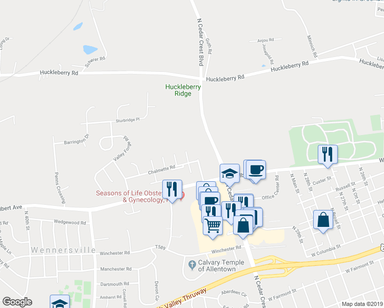 map of restaurants, bars, coffee shops, grocery stores, and more near 1715 Saratoga Court in Allentown