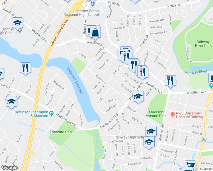 map of restaurants, bars, coffee shops, grocery stores, and more near 31 Kathryn Street in Clark