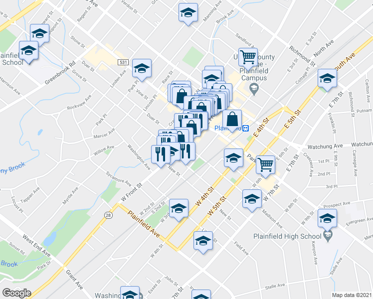 map of restaurants, bars, coffee shops, grocery stores, and more near 112 Madison Avenue in Plainfield