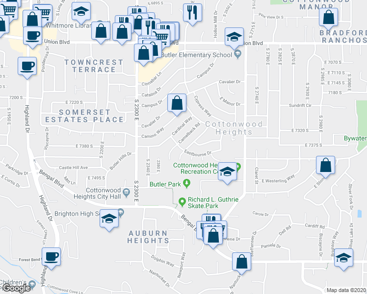 map of restaurants, bars, coffee shops, grocery stores, and more near 7388 Sunhill Rd in Cottonwood Heights