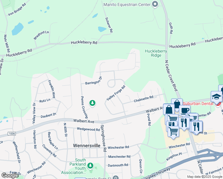 map of restaurants, bars, coffee shops, grocery stores, and more near 1857 Valley Forge Road in Allentown