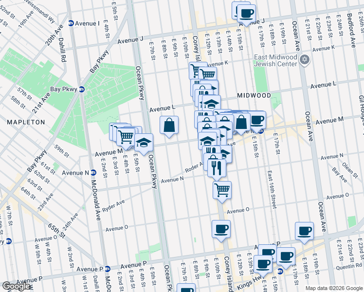 map of restaurants, bars, coffee shops, grocery stores, and more near 1309 E 8th St in Brooklyn