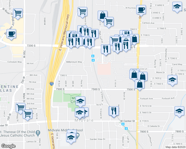 map of restaurants, bars, coffee shops, grocery stores, and more near 7371 Cypress St in Midvale