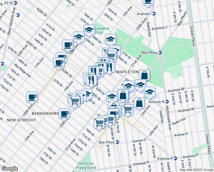 map of restaurants, bars, coffee shops, grocery stores, and more near 2057 63rd Street in Brooklyn