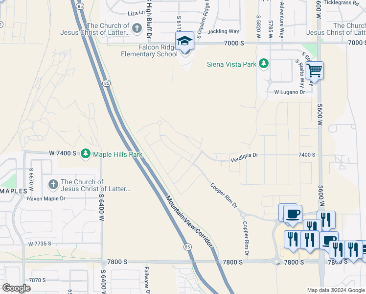 map of restaurants, bars, coffee shops, grocery stores, and more near 7383 South Olivine River Lane in West Jordan