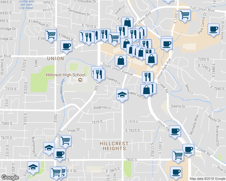 map of restaurants, bars, coffee shops, grocery stores, and more near 963 Taliesen Cove in Midvale