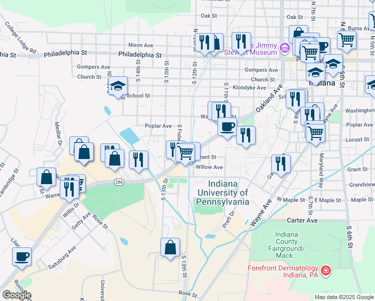 map of restaurants, bars, coffee shops, grocery stores, and more near 1206 Oakland Avenue in Indiana