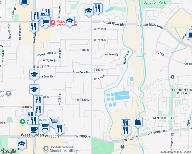 map of restaurants, bars, coffee shops, grocery stores, and more near Johnson Ridge Circle in West Jordan