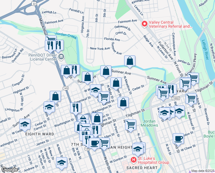 map of restaurants, bars, coffee shops, grocery stores, and more near 914 North Mohr Street in Allentown