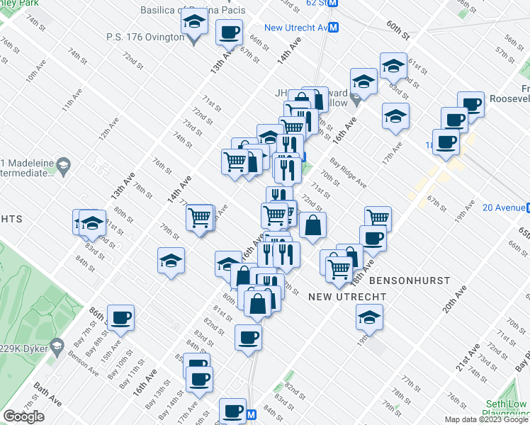 map of restaurants, bars, coffee shops, grocery stores, and more near 1566 74th Street in Brooklyn