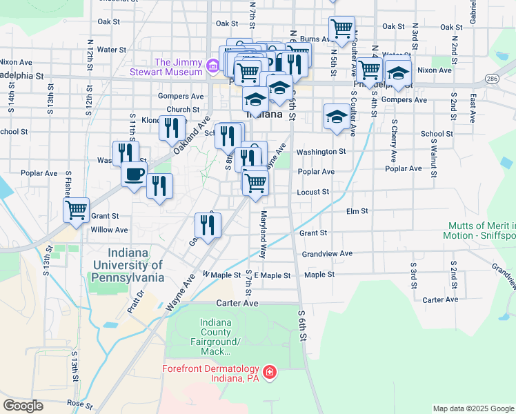 map of restaurants, bars, coffee shops, grocery stores, and more near 435 South 7th Street in Indiana
