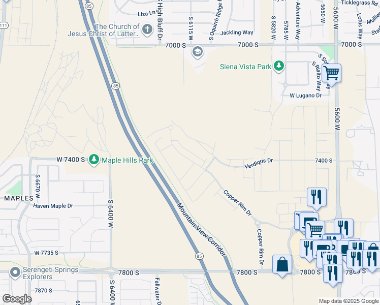 map of restaurants, bars, coffee shops, grocery stores, and more near 7401 South Olivine River Lane in West Jordan