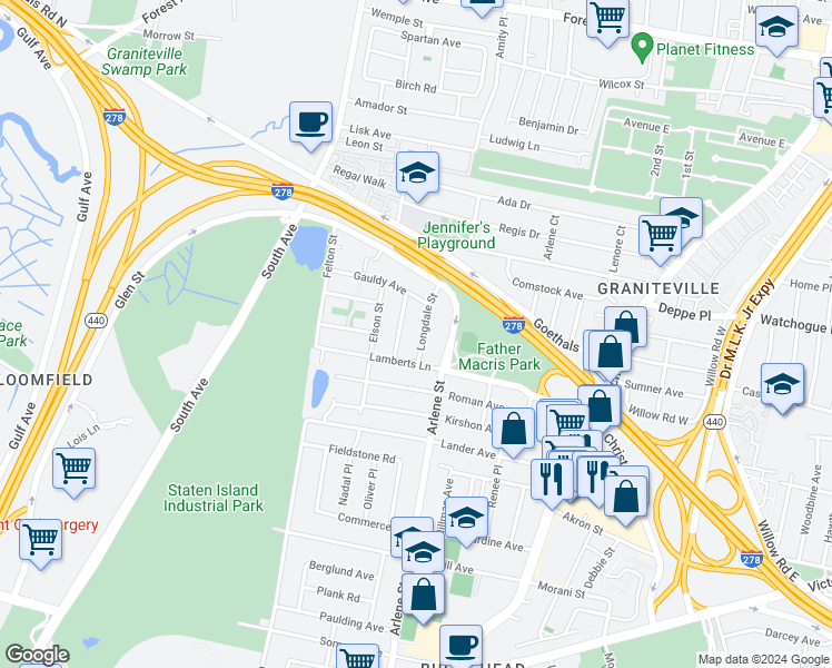 map of restaurants, bars, coffee shops, grocery stores, and more near 60 Longdale Street in Staten Island