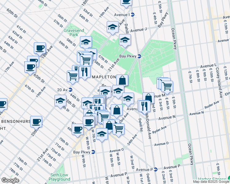 map of restaurants, bars, coffee shops, grocery stores, and more near 5920 Bay Parkway in Brooklyn