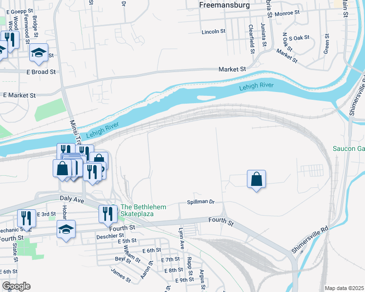 map of restaurants, bars, coffee shops, grocery stores, and more near 10 Emery Street in Bethlehem