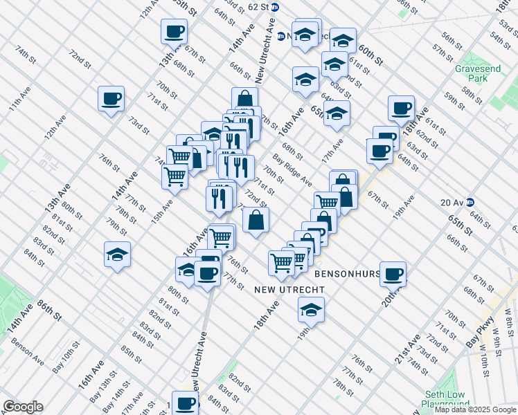 map of restaurants, bars, coffee shops, grocery stores, and more near 1648 72nd Street in Brooklyn