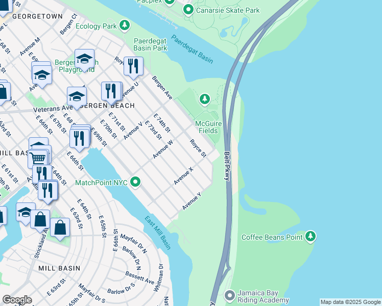 map of restaurants, bars, coffee shops, grocery stores, and more near 2352 East 74th Street in Brooklyn