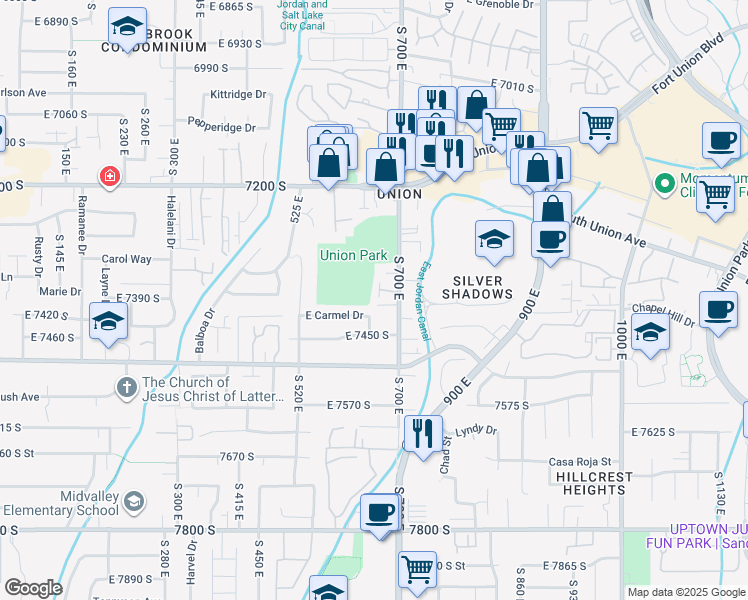 map of restaurants, bars, coffee shops, grocery stores, and more near 671 Union Pines Court in Midvale