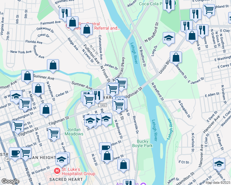 map of restaurants, bars, coffee shops, grocery stores, and more near 727 North Front Street in Allentown