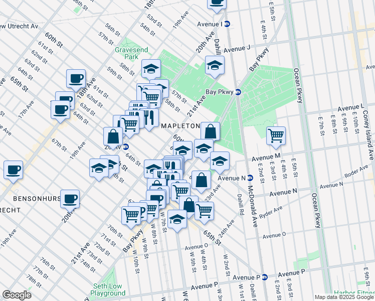 map of restaurants, bars, coffee shops, grocery stores, and more near 2154 60th Street in Brooklyn