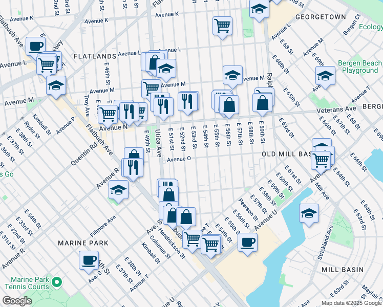 map of restaurants, bars, coffee shops, grocery stores, and more near 1743 East 52nd Street in Brooklyn
