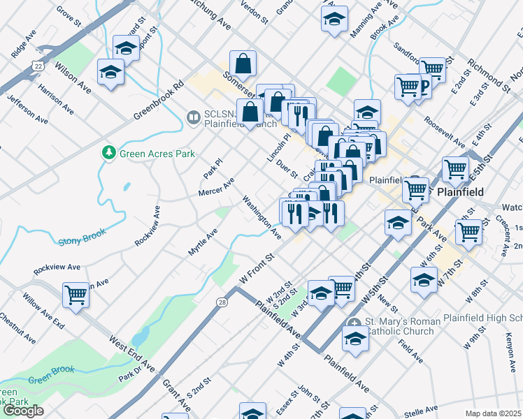 map of restaurants, bars, coffee shops, grocery stores, and more near 22 Washington Avenue in North Plainfield