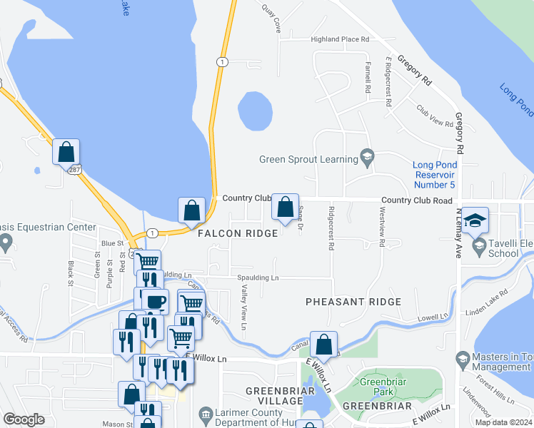 map of restaurants, bars, coffee shops, grocery stores, and more near 2120 Ford Lane in Fort Collins