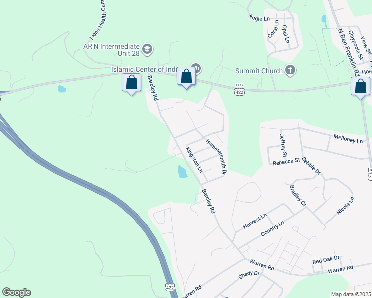 map of restaurants, bars, coffee shops, grocery stores, and more near 220 Kingston Lane in Indiana