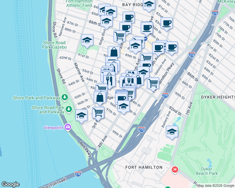 map of restaurants, bars, coffee shops, grocery stores, and more near 329 95th Street in Brooklyn